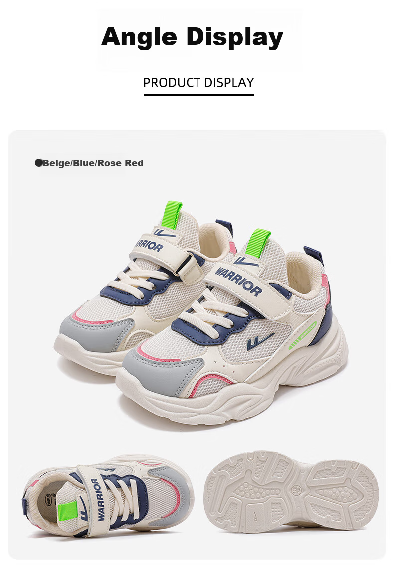 Warrior Children's Shoes, Girls' Soft-Soled Casual Shoes, Spring And Autumn Style, Kids' Sneakers WZ(CL)-0977, Beige/blue/Rose Red, Size 33 11