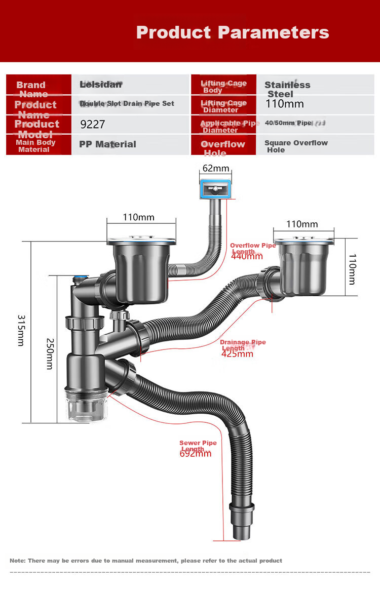 Larsd Kitchen Sink Drain Pipe, Kitchen Drainage Set, Double Sink Drainage Pipe Accessories for Washbasin And Sink 9227 1