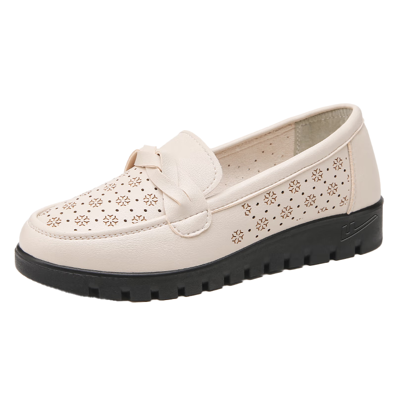 Huili Mom Shoes, Middle-Aged Sandals, Summer Soft-Soled Breathable, Middle-Aged And Elderly Women's Leather Shoes, Single Shoes, Comfortable Non-Slip, 0093 Beige, Size 40