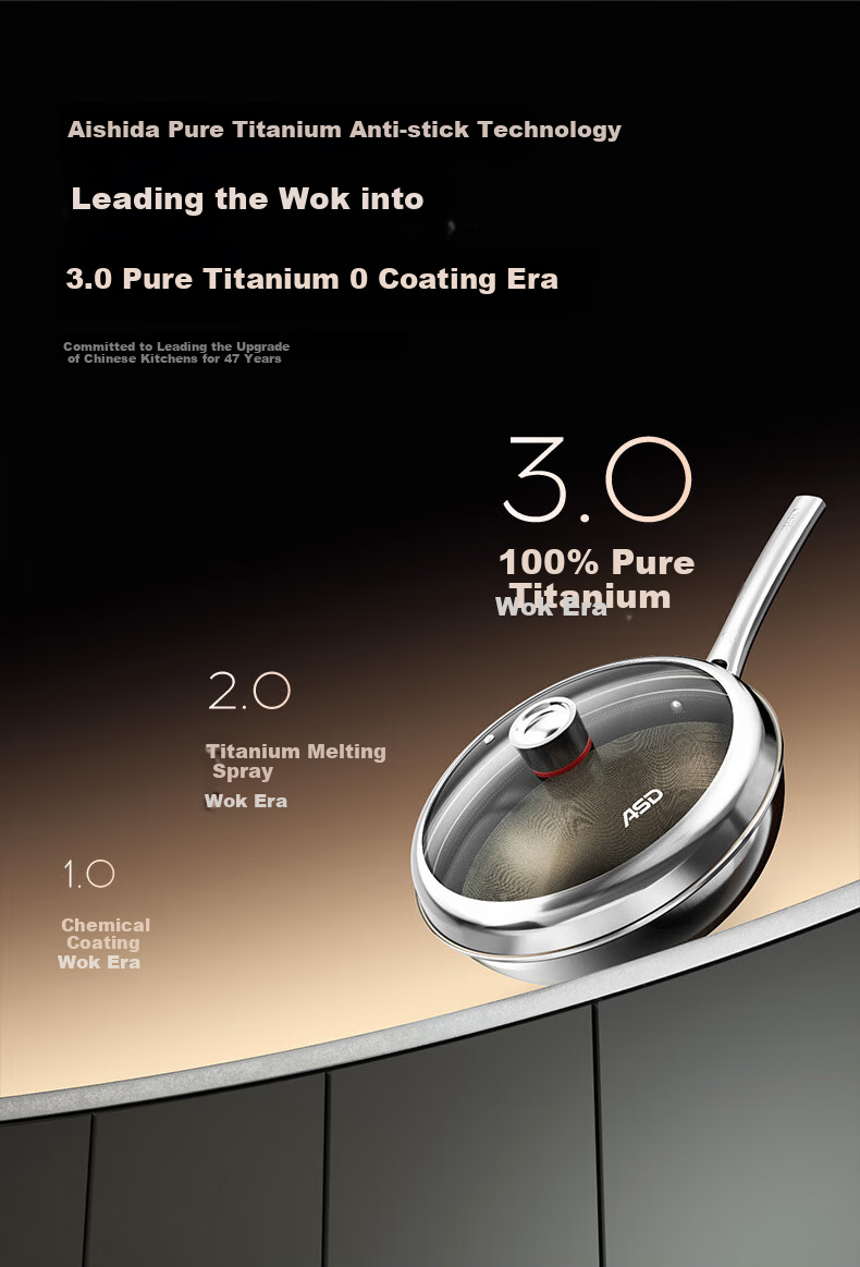 ASD Non-Stick Wok with Pure Titanium Coating, Stainless Steel Home Use Titanium Pan, Non-Stick Compatible with Gas And Induction Cooktops, 32cm Z1 2