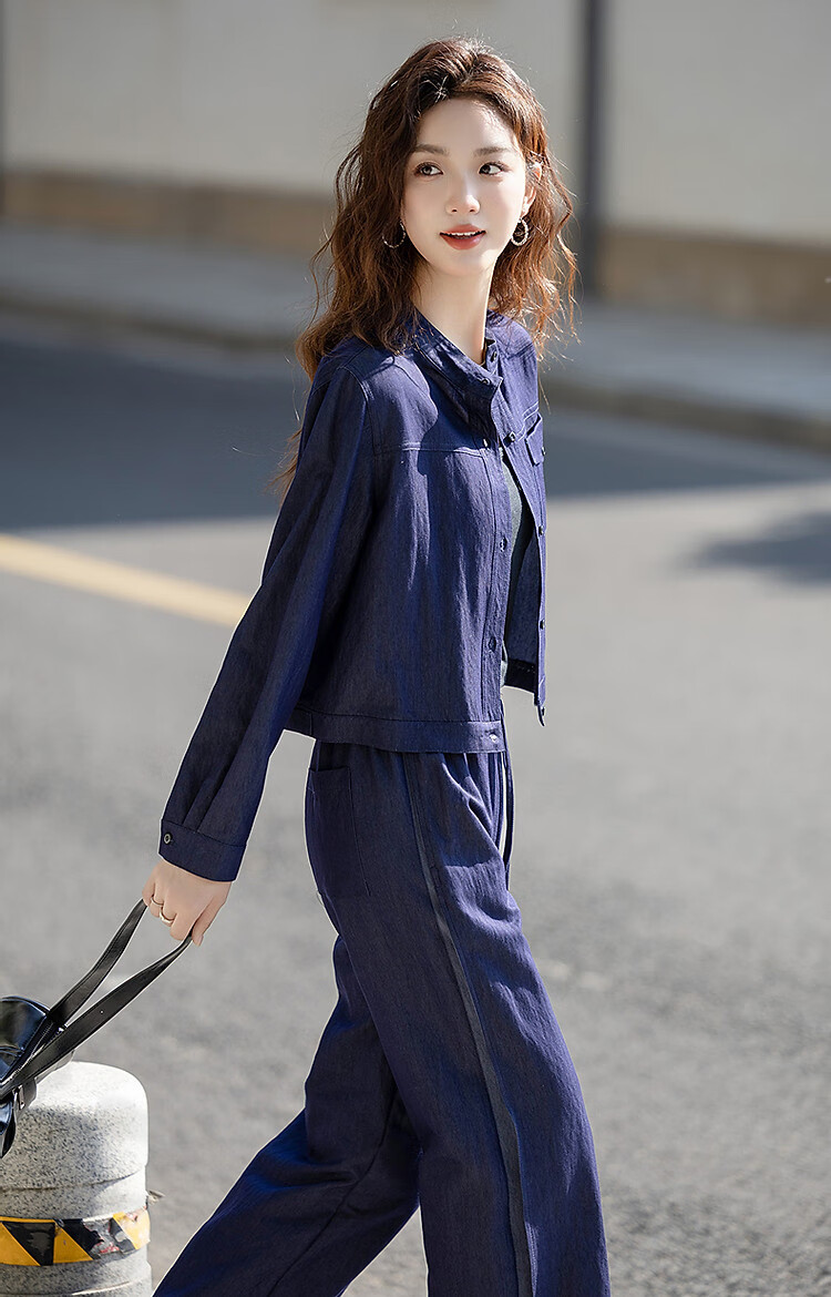 Demana Hong Kong Style Denim Set Spring Vintage Relaxed Fit Crew Neck Top Elastic Waist Wide Leg Pants Women's Two-Piece Set 10