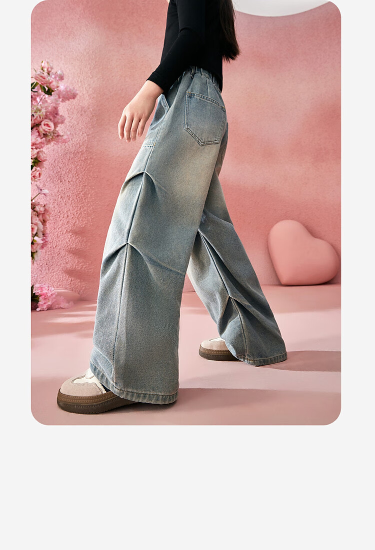 ASK JUNIOR [Brush-Dyed Jeans] Children's Pants, Fall 2026 Vintage Straight-Leg Trousers, Girls' Draping Long Pants, Youth Style 1