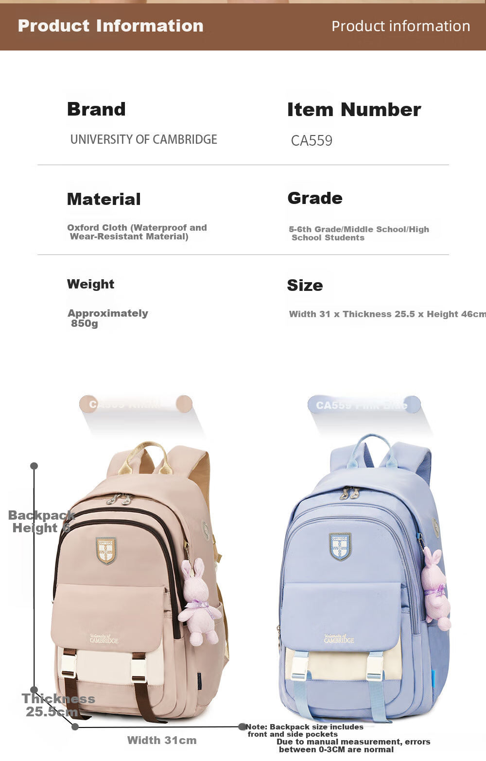 UNIVERSITY OF CAMBRIDGE Cambridge University Middle School Backpack for Girls, High School Student Casual Bag, Large Capacity Lightweight Backpack 3