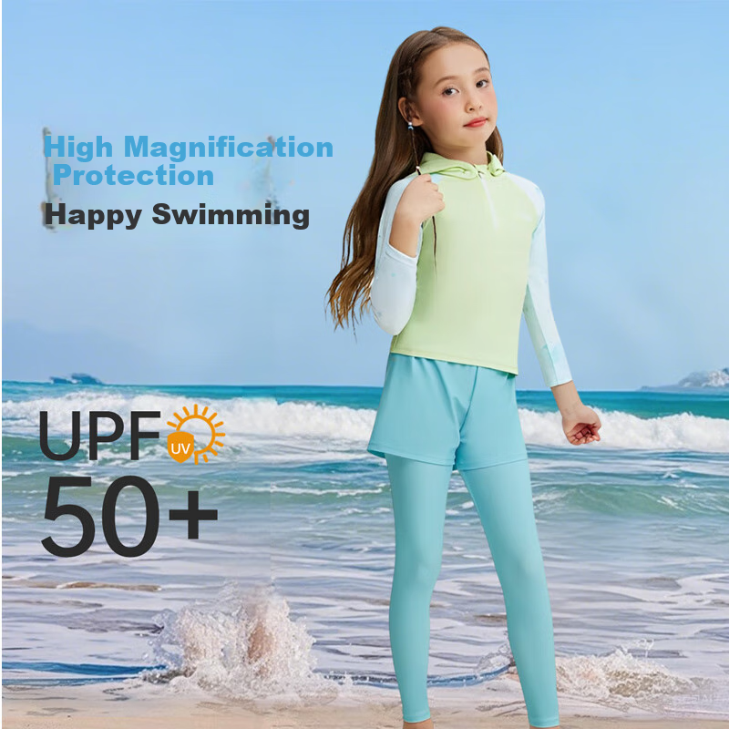Jeep Children's Swimsuit, Two-Piece Conservative Style for Girls, Suitable for Older Children, for Beach Vacation And Hot Springs, Sun Protection Swimwear, Dream Green, Size 150