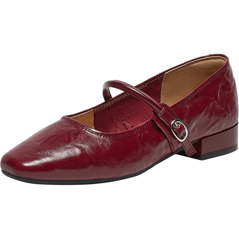 BASTO Ultra-Soft Lambskin Mary Jane Shoes French Low Heel Red Women's Flats CX332CQ5 Wine Red Size 37