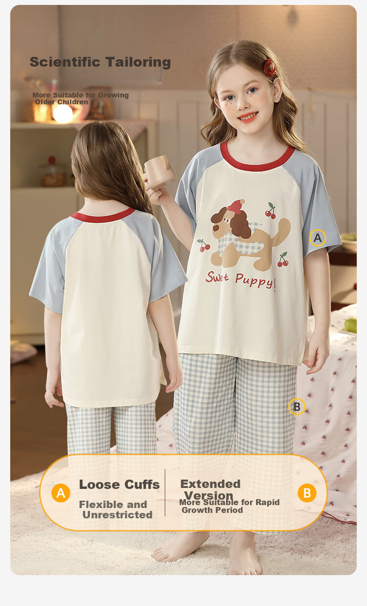 Yunxiangyi Children's Pajamas, Spring And Summer Breathable Modal Cherry Blue Plaid Dog Girl's Sleepwear, Wearable Outside, Loungewear, Size 16 6