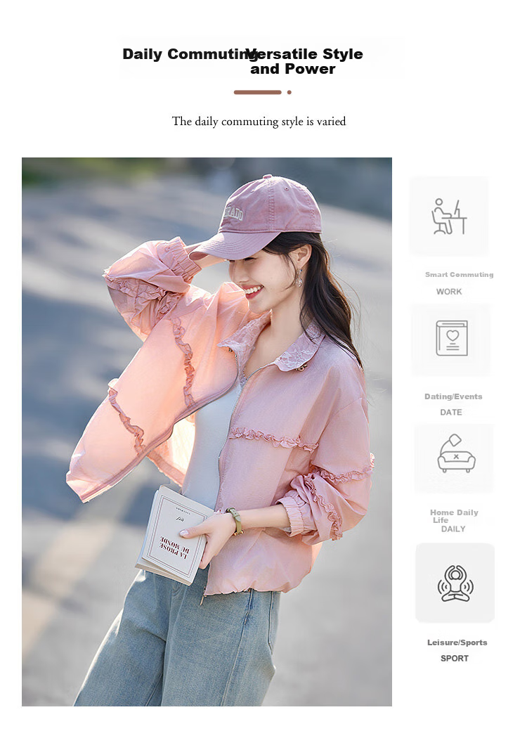 Shangjing Sweet Lace Trim Jacket, 2026 Summer New Lightweight Lace Patchwork Loose Sun Protection Coat for Women, Pink, S 3