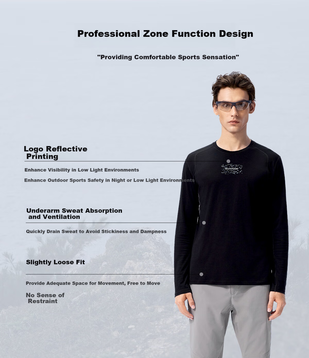 SURPINE Light Mountain Series Merino Wool Quick-Dry T-Shirt, Moisture-Wicking Outdoor Hiking Climbing Men's, Monet Blue, L 7