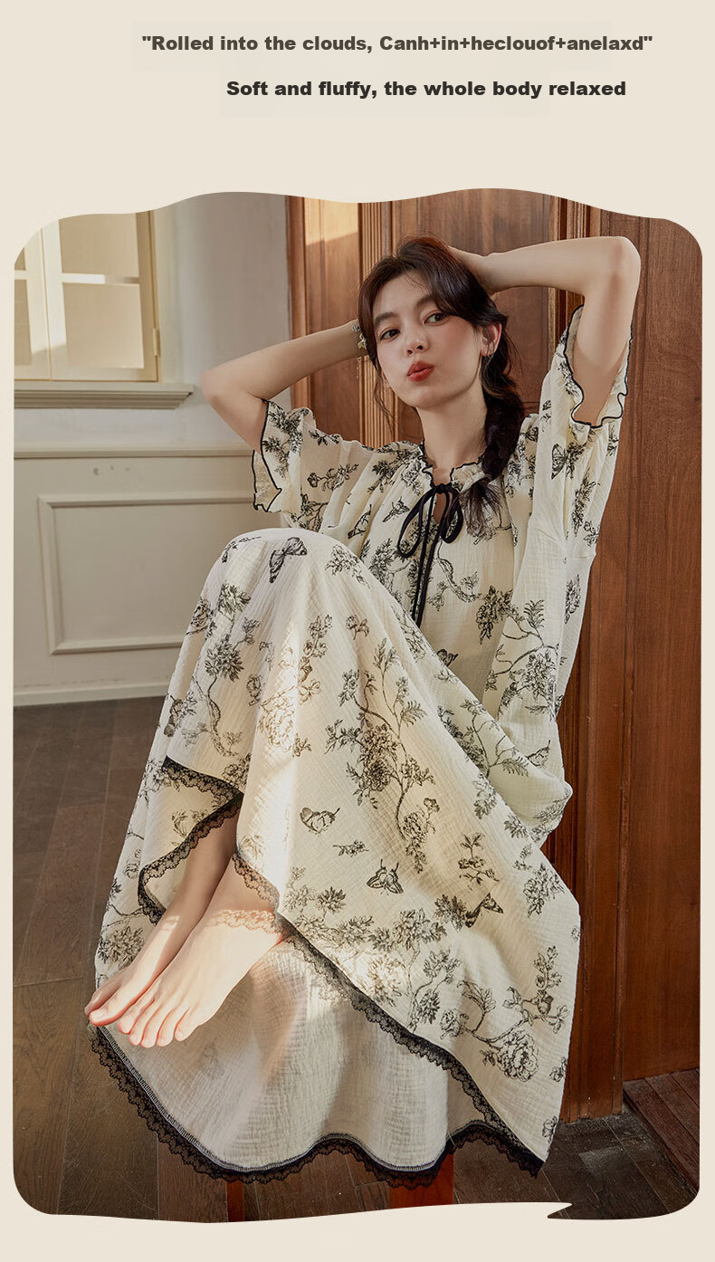 GUJIN Padded Nightgown for Women, Spring And Summer New Sweet Floral Short-Sleeve Thin Age-Reducing Sleepwear Dress, Suitable for Outdoor Wear 5