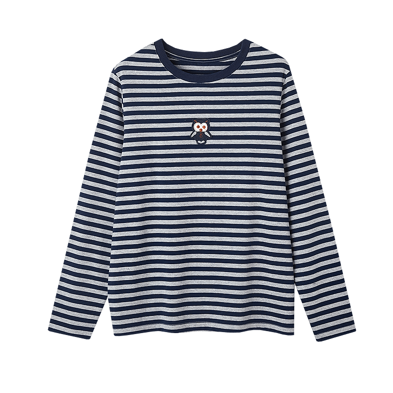 Demna【Striped Liberal】Spring and Autumn Loose Contrast Color Long Sleeve T-shirt Women Cute Patch Embroidery Concealed Flesh Women's T-shirt