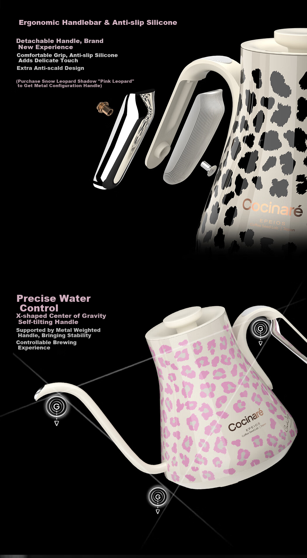 Cocinare Hand-Operated Pour-Over Kettle, Coffee Maker with Temperature Control And Color-Changing Function, Electric Kettle for Brewing Coffee, C Jia M9Pro Pink Panther 0.9L 3