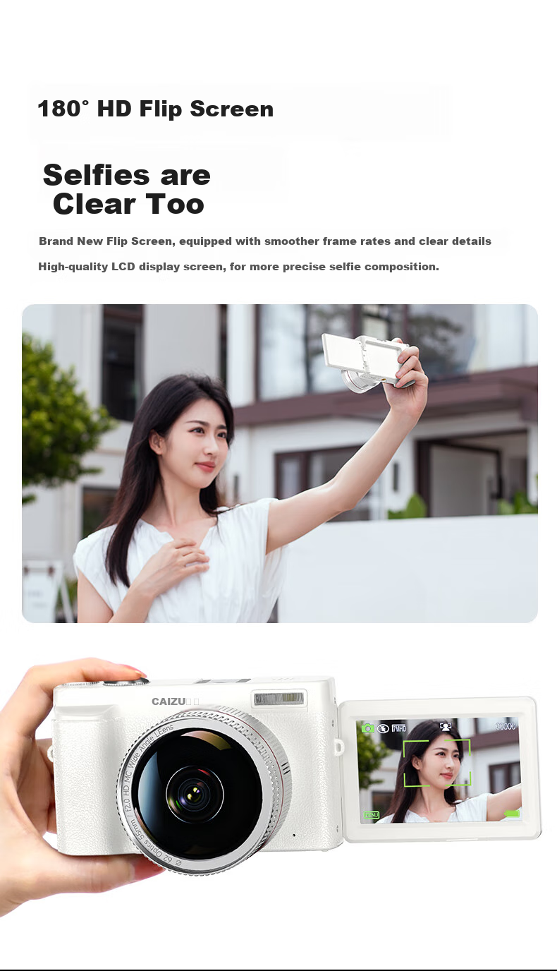 CAIZU 64 Million Pixel Digital Camera Selfie Flip Screen Mirrorless Camera Entry-Level Student 4K Recording Alternative CCD Camera Birthday Holiday Gift 4