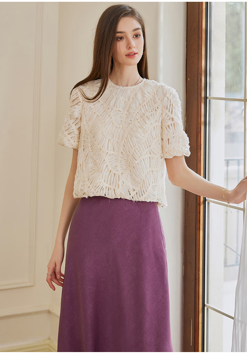 ROEYSHOUSE French Style Ribbon Round Neck Shirt Women Summer Elegant Commuter Loose Short T-Shirt 10441 Beige XL 14