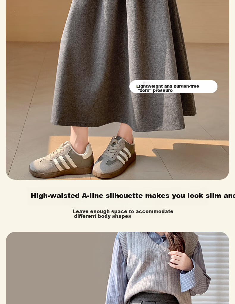 LangSha Women's Woolen Feel Skirt 2026 Spring Autumn High Waist Loose Slim A-Line Mid-Length Skirt 5