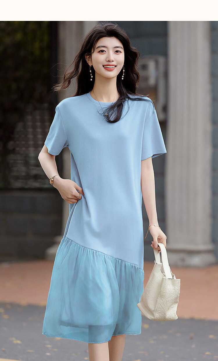 Demana Weekend Casual Summer French Style Round Neck Loose Waist Short Sleeve Printed Patchwork T-Shirt Dress for Women 16