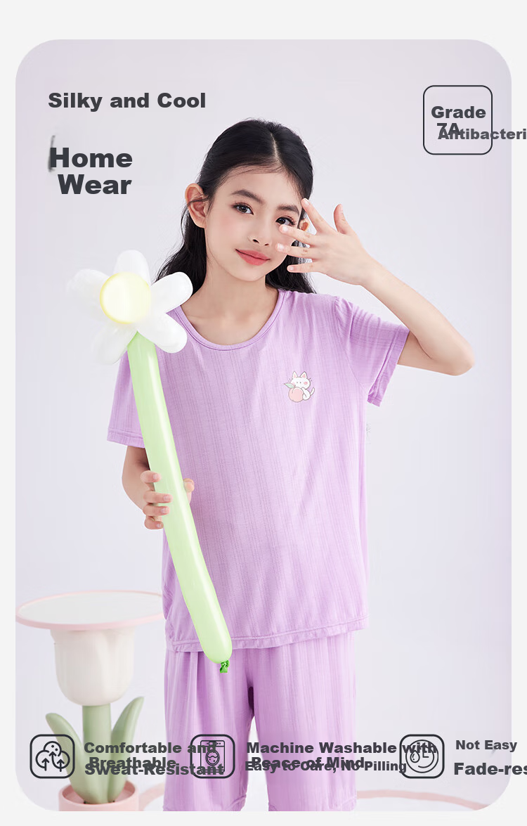 DEESHA [7A Antibacterial Comfort] Children's Pajama Set, Air Conditioning Wear, Spring And Autumn Girls' Cooling Short-Sleeve Loungewear for Older Kids 1
