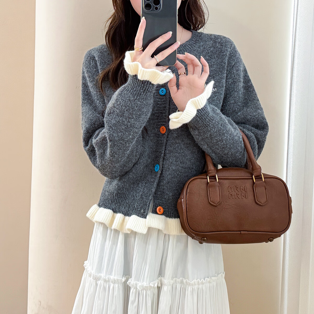 TonLion 2025 Autumn Winter Small Embroidery Color-Block Buttoned Women's Crew Neck Cardigan