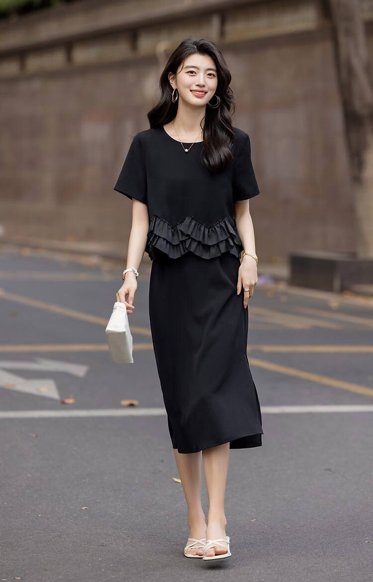 Demana Elegant Faux Two-Piece Summer 80D Textured Ruffle Splice Back Hidden Zipper Mid-Length Women's Dress 14