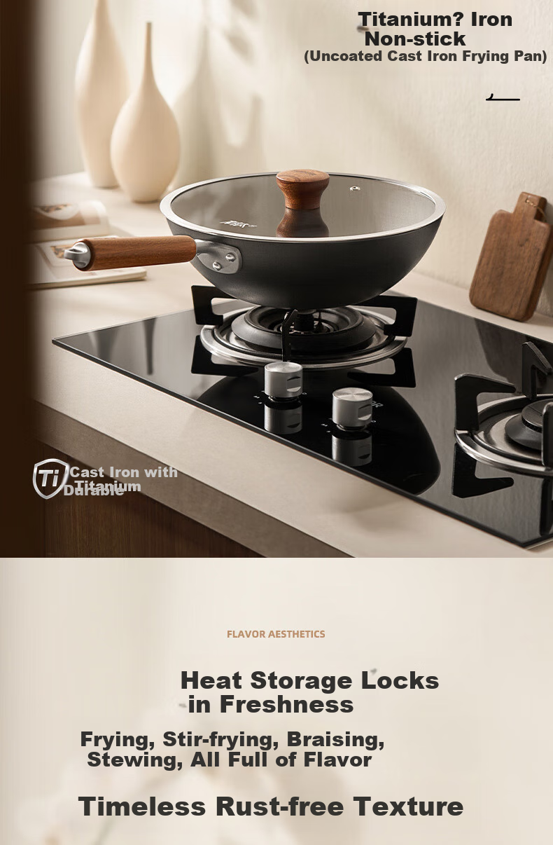 SUPOR Cast Iron Wok with Titanium, Non-Coated Stir-Fry Pan, Non-Stick, Compatible with Gas And Induction Cooktops, EC34AYT01 2