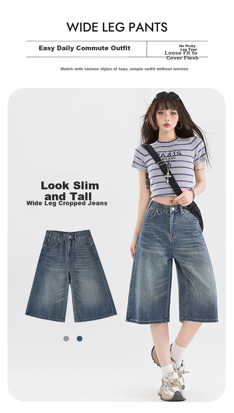 Free Style High-Waist Vintage Blue Cropped Denim Shorts for Women Summer 2026 New Loose Slimming Wide-Leg Casual Pants 1