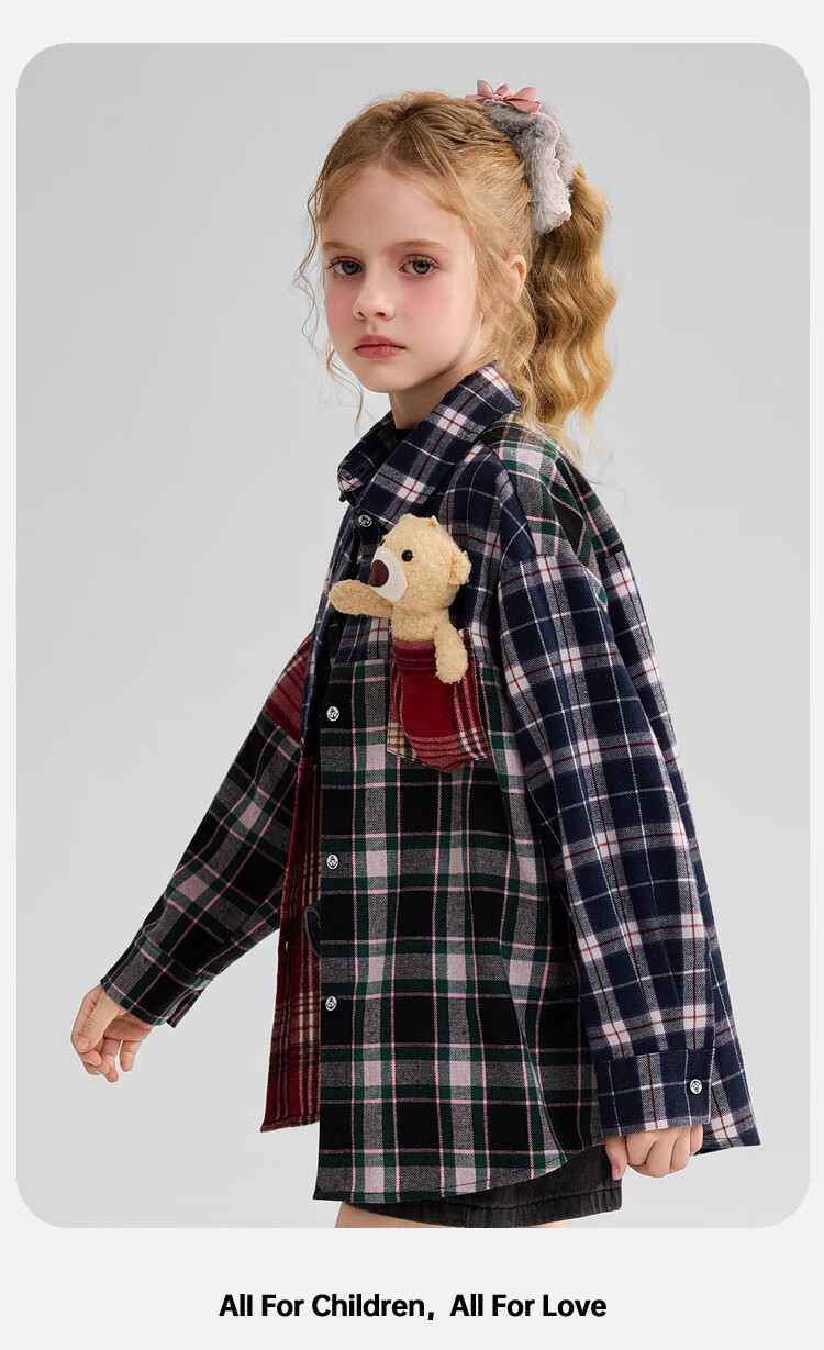 ASK JUNIOR Kids Shirt 2025 Autumn Plaid Brushed Cotton Colorblock Shirt Jacket with Bear Decoration for Girls 8