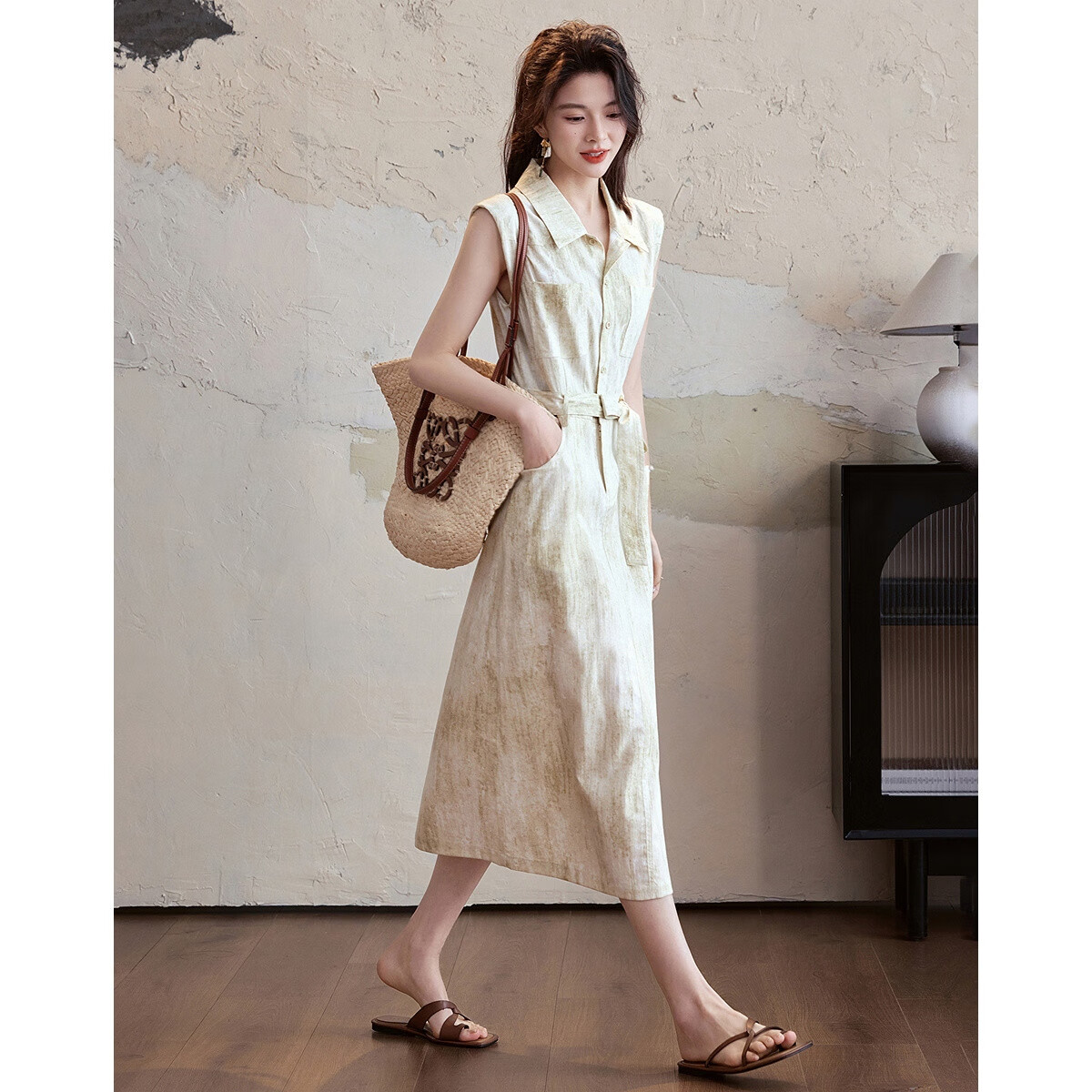 Dme [Zhi Gan Gongzhuang] Summer Faux Bamboo Joint Linen Two-Tone Gradient Lapel Straight-Fit Slimming Women's Dress