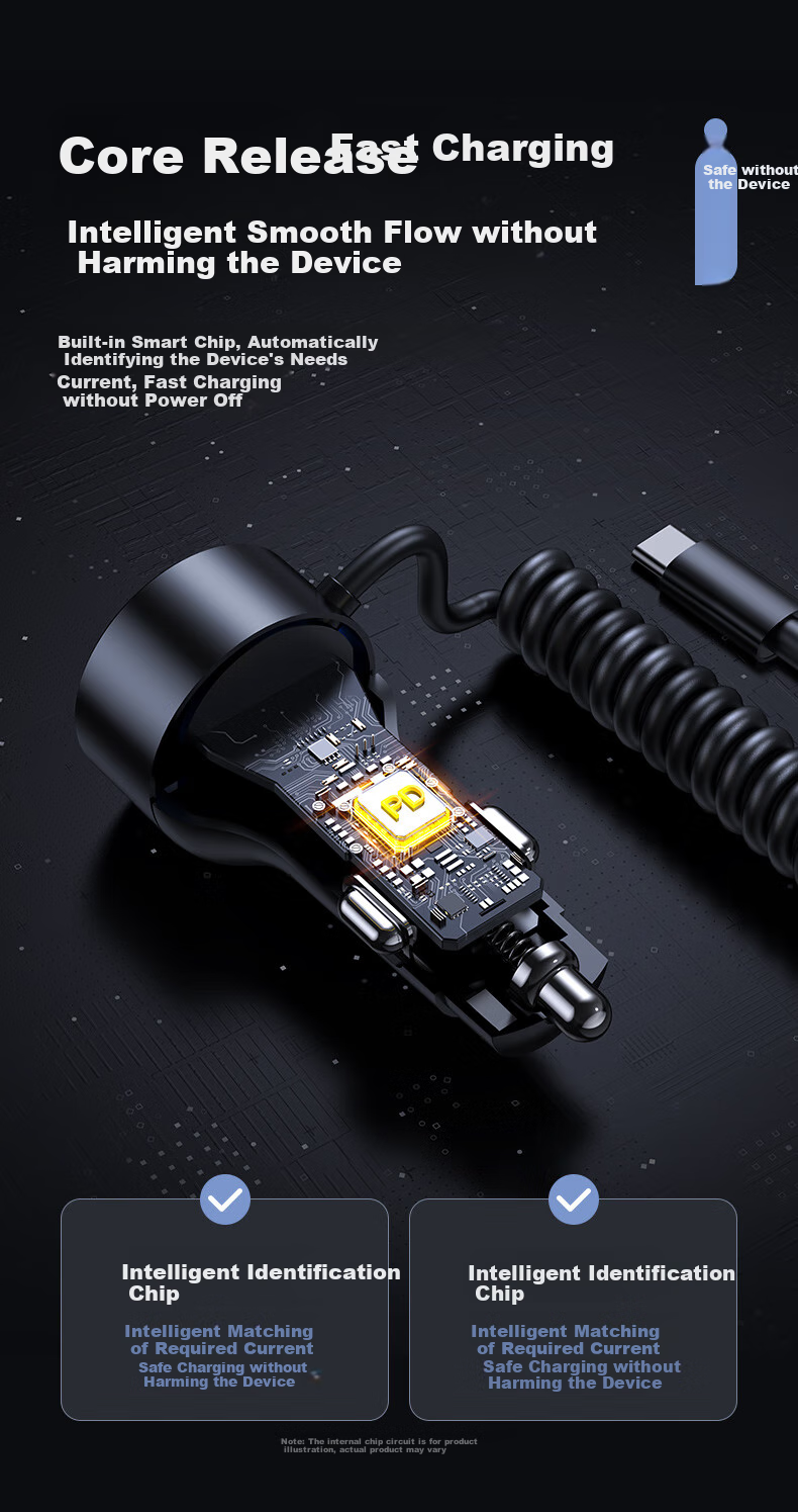 Pisen Car Charger, Retractable Two-Prong Cigarette Lighter, Fast Charging with Built-In Spring, Extendable Charging Cable, Car Adapter 6