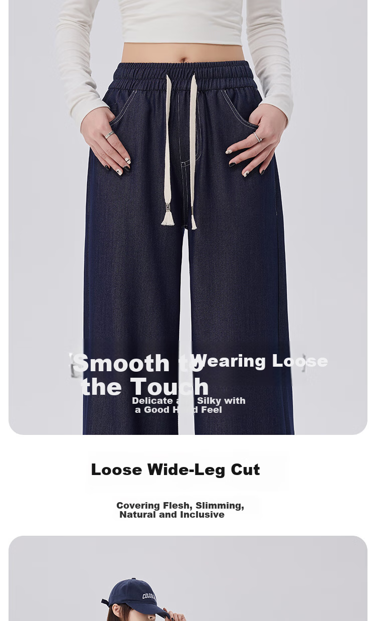 BOPRUIEY Faux Denim Straight-Leg Pants for Women, Lightweight And Flowy for Spring And Summer, High-Waisted Casual Pants with Elastic Waist, Slim-Fit Wide-Leg Trousers 5