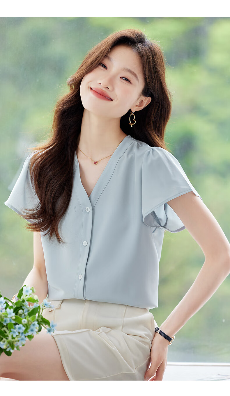 Jeanswest Women's Shirt 2026 Summer Short Sleeve Elegant Versatile Fashion V-Neck Solid Color Top Blue L 12