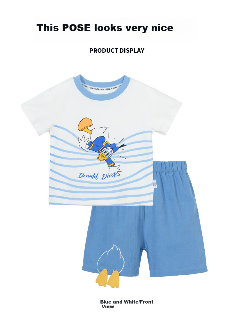 Disney Children's Short-Sleeve Set, Cartoon Mickey Mouse, Fashionable Casual Versatile Comfortable Breathable Summer New Style, Blue And White, Size 110 10