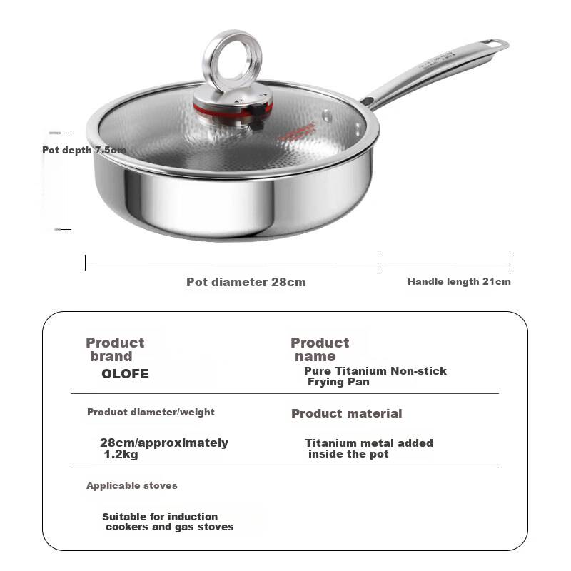 OLOFE Old Guandong Generation Pure Titanium Non-Coated Flat Bottom Frying Pan, Handmade Linen Pattern Titanium Uncoated Steak And Baby Food Pan, 28cm