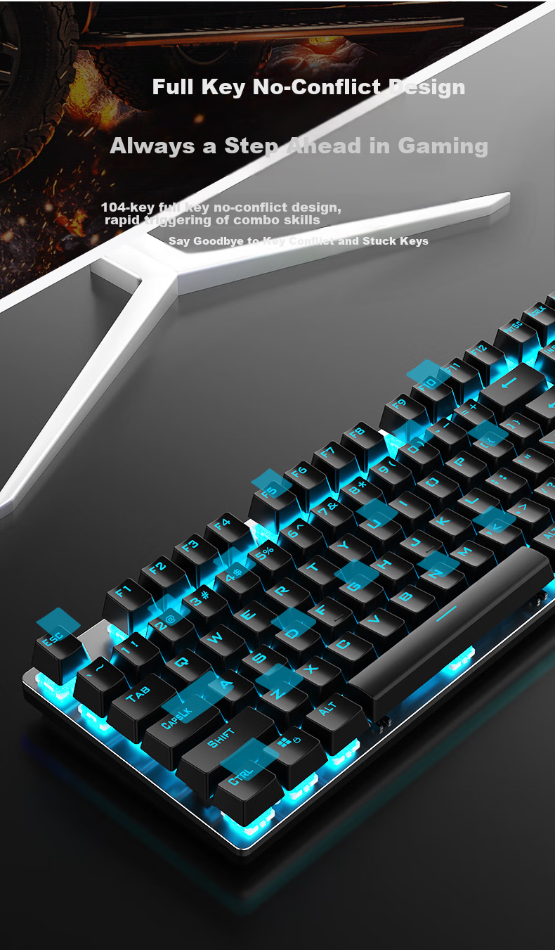 AULA S500 Mechanical Keyboard Wired Backlit Full-Size 104-Key Gaming E-Sports Computer Multimedia Office PUBG Full Anti-Ghosting Retro Three-Color Scheme Ice Blue Light Green Switches 9