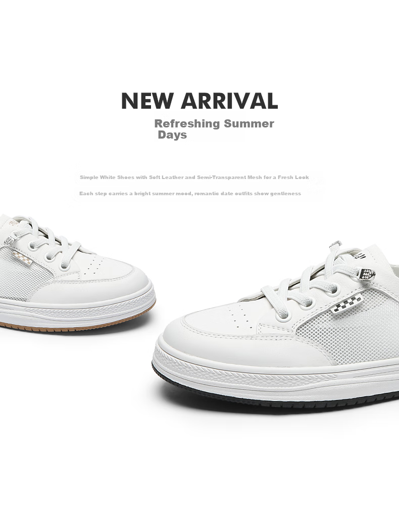 Goldlion Women's Shoes, Spring And Summer Simple White Sneakers, Breathable Mesh Upper, Slip-On Flat Casual Shoes for Women, 668220190, White Apricot Color, Size 38 1
