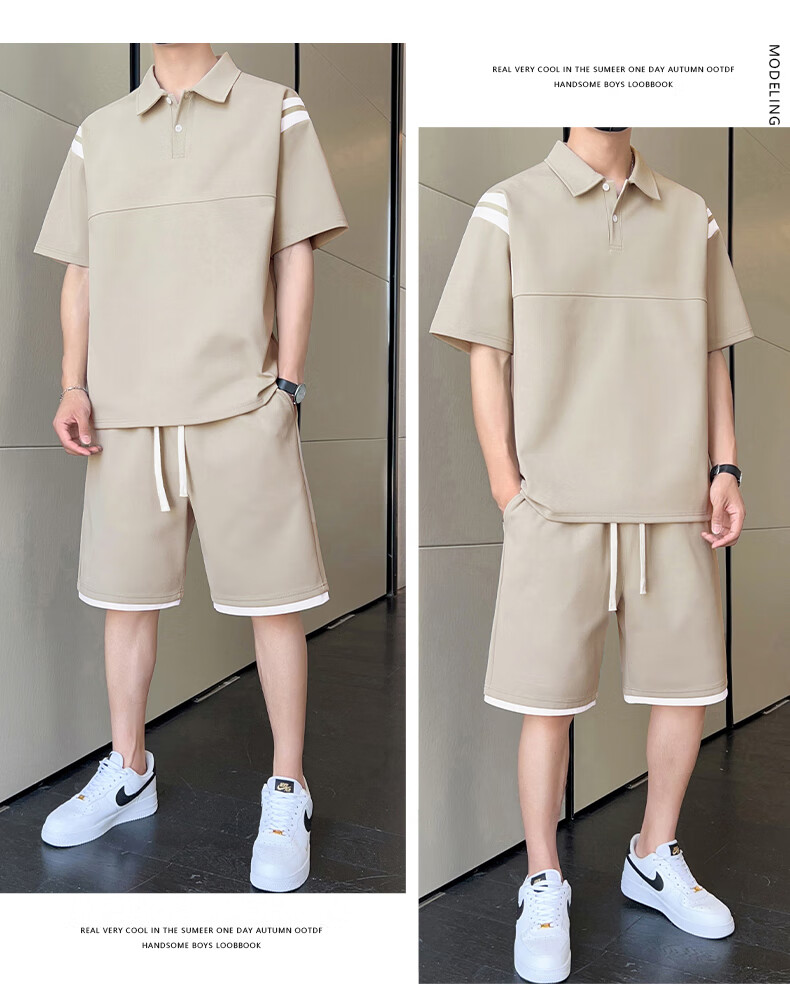 Jeanswest Outdoor Sports Short Sleeve T-Shirt Set for Men Summer Half Sleeve Top and Shorts Ice Cooling Quick-Dry Casual Two-Piece Set Light Khaki XL 14