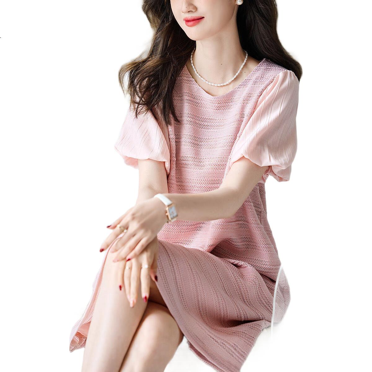 Dme [Atmospheric And Elegant Female Lead] Summer Round Neck Puff Sleeve Single-Button A-Line Dress Striped Patchwork Dress for Wome