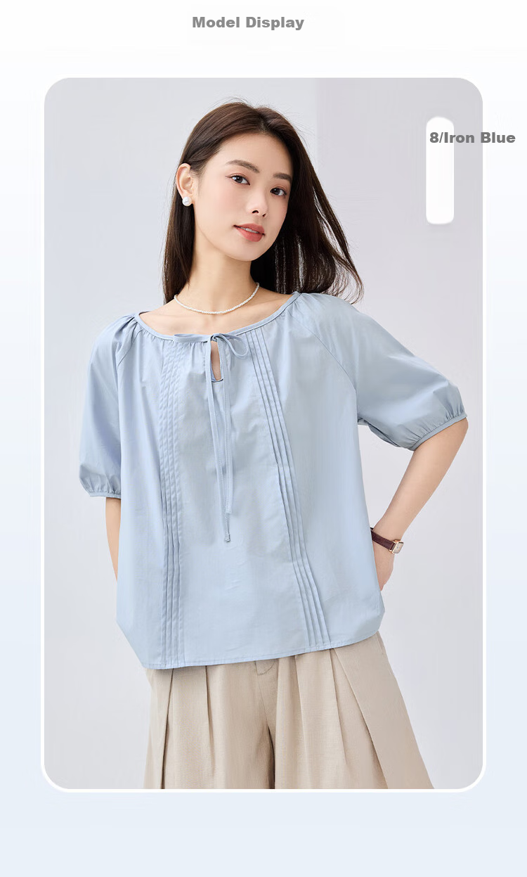 Giordano Women's Short-Sleeve Shirt, Pure Cotton, Brocade, Tie-Up Collar, Pleated, Raglan Sleeve, French Style, Elegant Blouse, 13345305 10