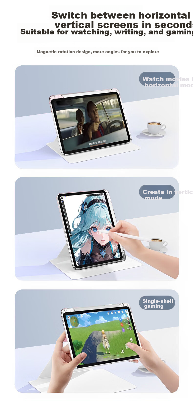 Asiwa IPad Air 11/8 Case with M4 Chip, Compatible with 2026 Air 7/6 Models, Detachable Magnetic Cover with Pencil Holder, 360-Degree Rotating Horizontal And Vertical Support, High Transparency, Anti-Bending 7