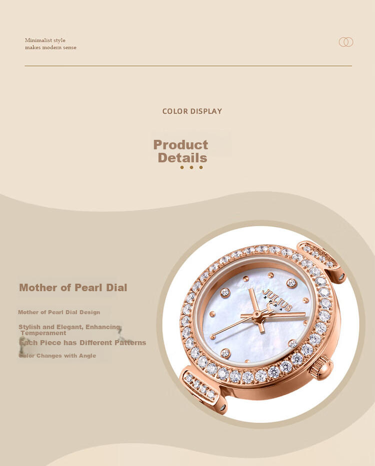 Julius Watch for Women, Mermaid Gift Box, Girlfriend Gift, Zirconium Bracelet, Quartz Ladies' Student Watch, Rose Gold MG-1435B 11