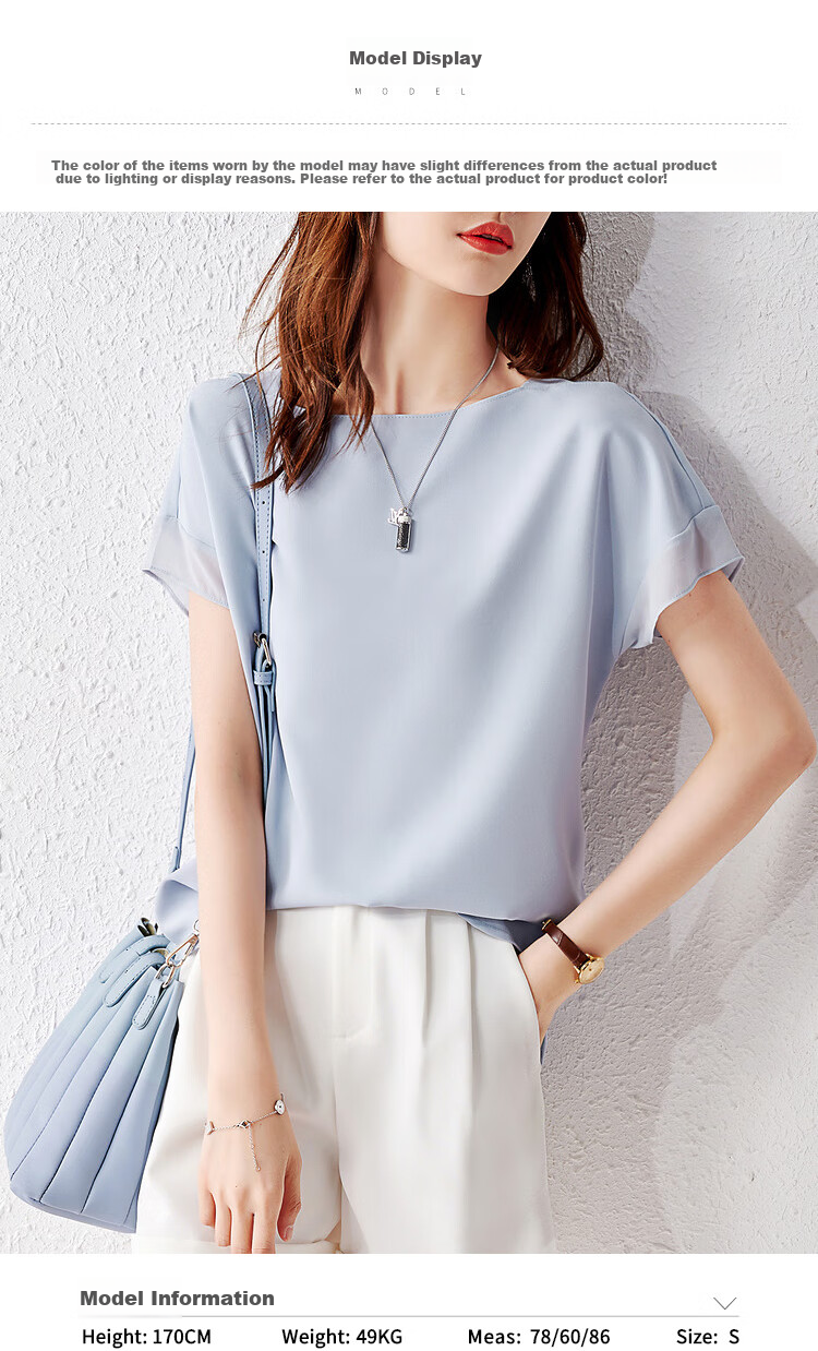 Sentubila Spliced Short-Sleeve Chiffon Blouse for Women, Slimming Tummy-Covering Top, Summer Lightweight Casual T-Shirt, Light Blue, S 11