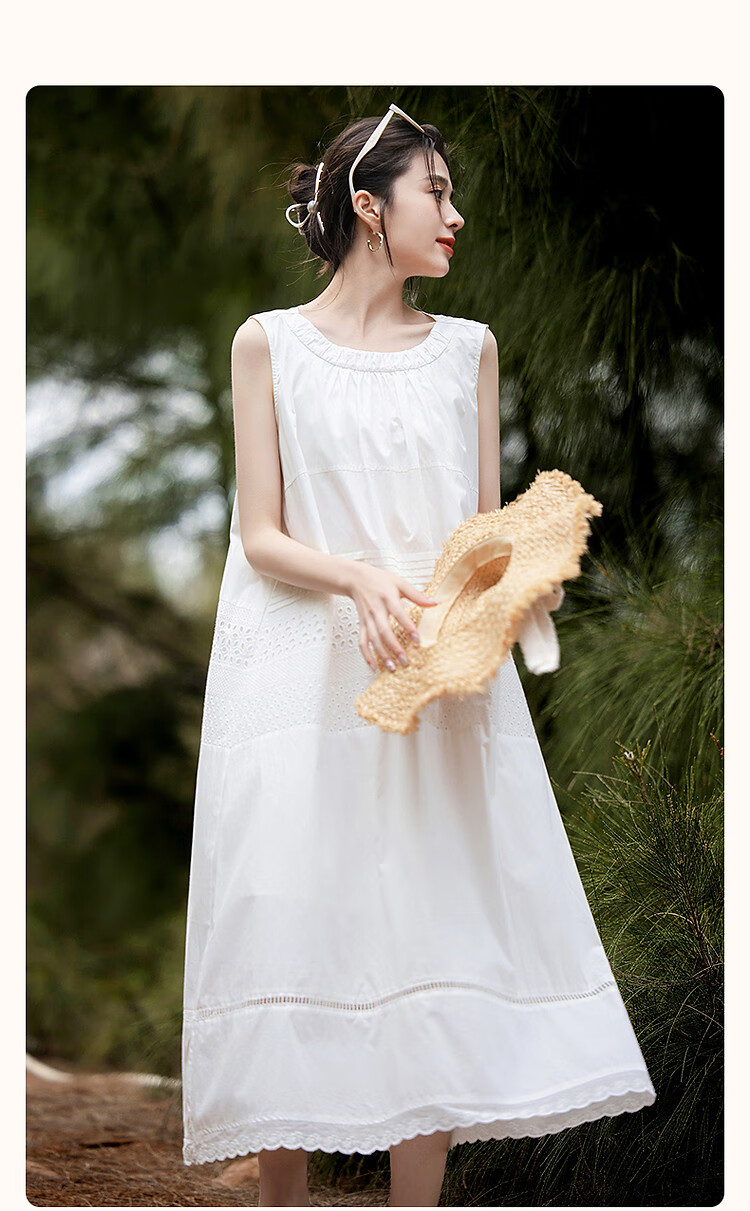 Demana [Yongbai Diao] Summer Lightweight 50s Cotton Poplin Embroidered Patchwork Ruched Tank Pleated Women's Dress 1