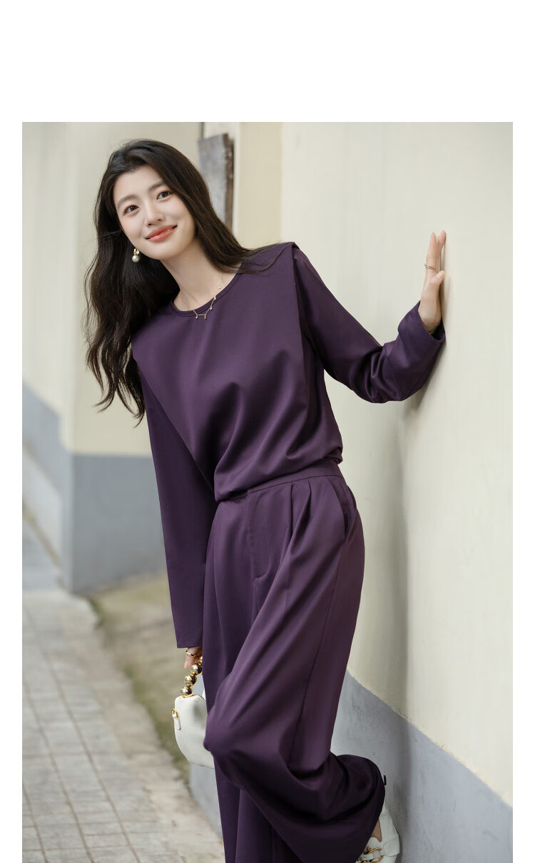 Dme [Zhi Xi Ge Lei Set] Autumn Design Shoulder-Padded Round Neck Top and Wide-Leg Suit Pants Women's Two-Piece Set 2