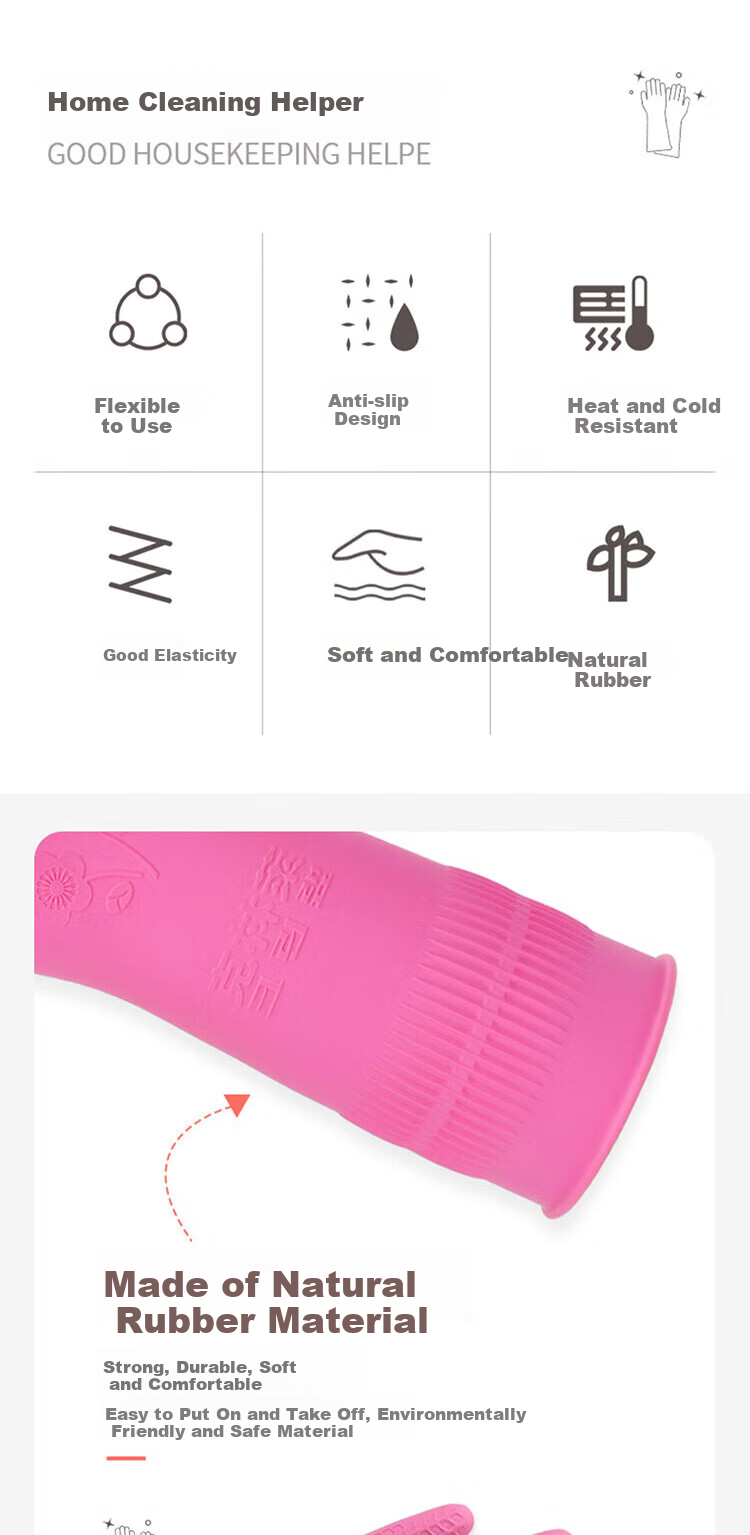 Kelinlai Imported Natural Rubber Gloves, Non-Slip Design, Protective, Pink, Extra Large Size XL 1