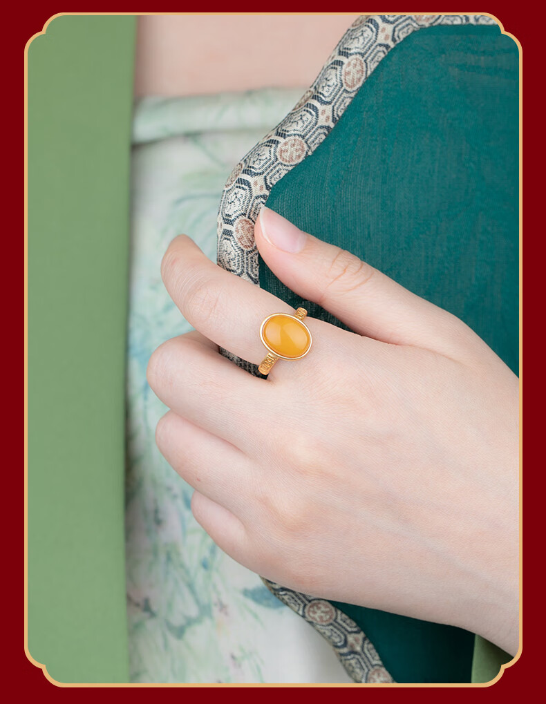Xiaoyinjiang S925 Silver Ring for Women, Egg Surface Amber Tail Ring, Yellow Chinese Style Vintage Chicken Fat Yellow Ring, New Year Gift 1