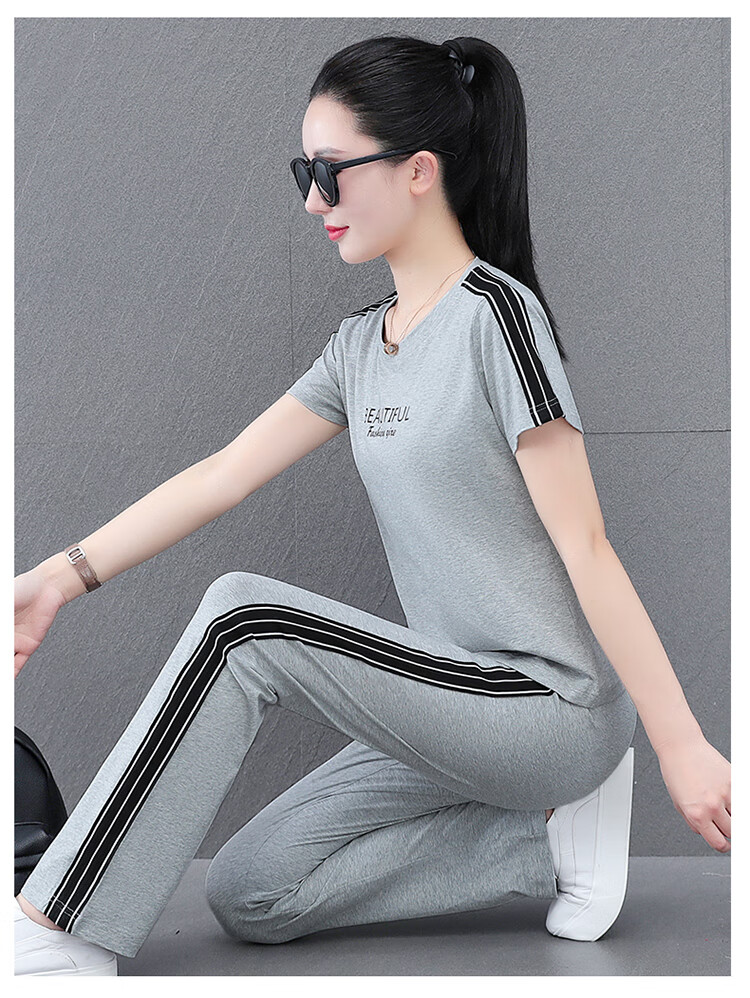 Woodpecker Pure Cotton Women's Summer Sportswear Set Loose Short Sleeve Long Pants Middle-aged Mom Casual Two-piece Suit Royal Blue 4XL 18