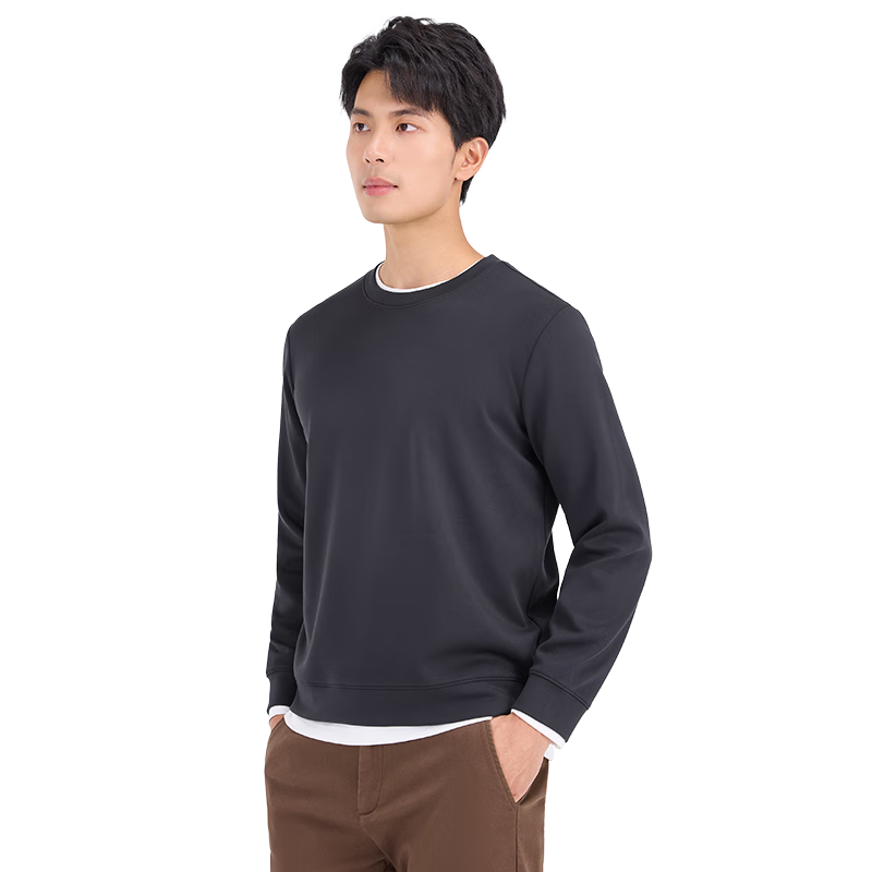 Laxdn Men's Autumn Winter Crewneck Pullover Sweatshirt with Wool High Elasticity Long Sleeve T-Shirt Base Layer Dark Gray 2XL