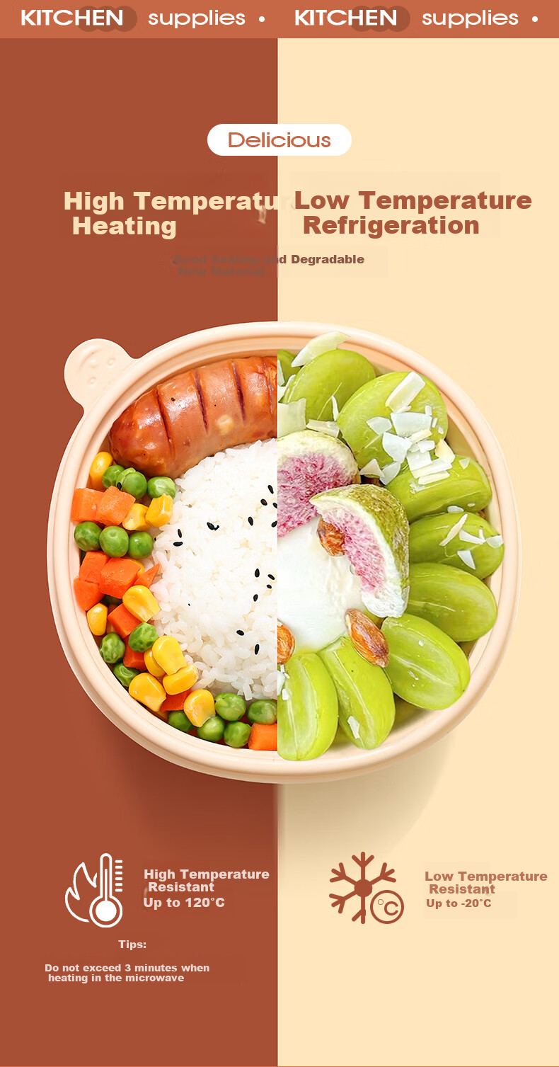 Yunlei Disposable Bowls, Round Lunch Boxes with Lids, Takeout Containers, Thickened Corn Starch Tableware for Soup And Rice, 350ml*50 Pieces 6