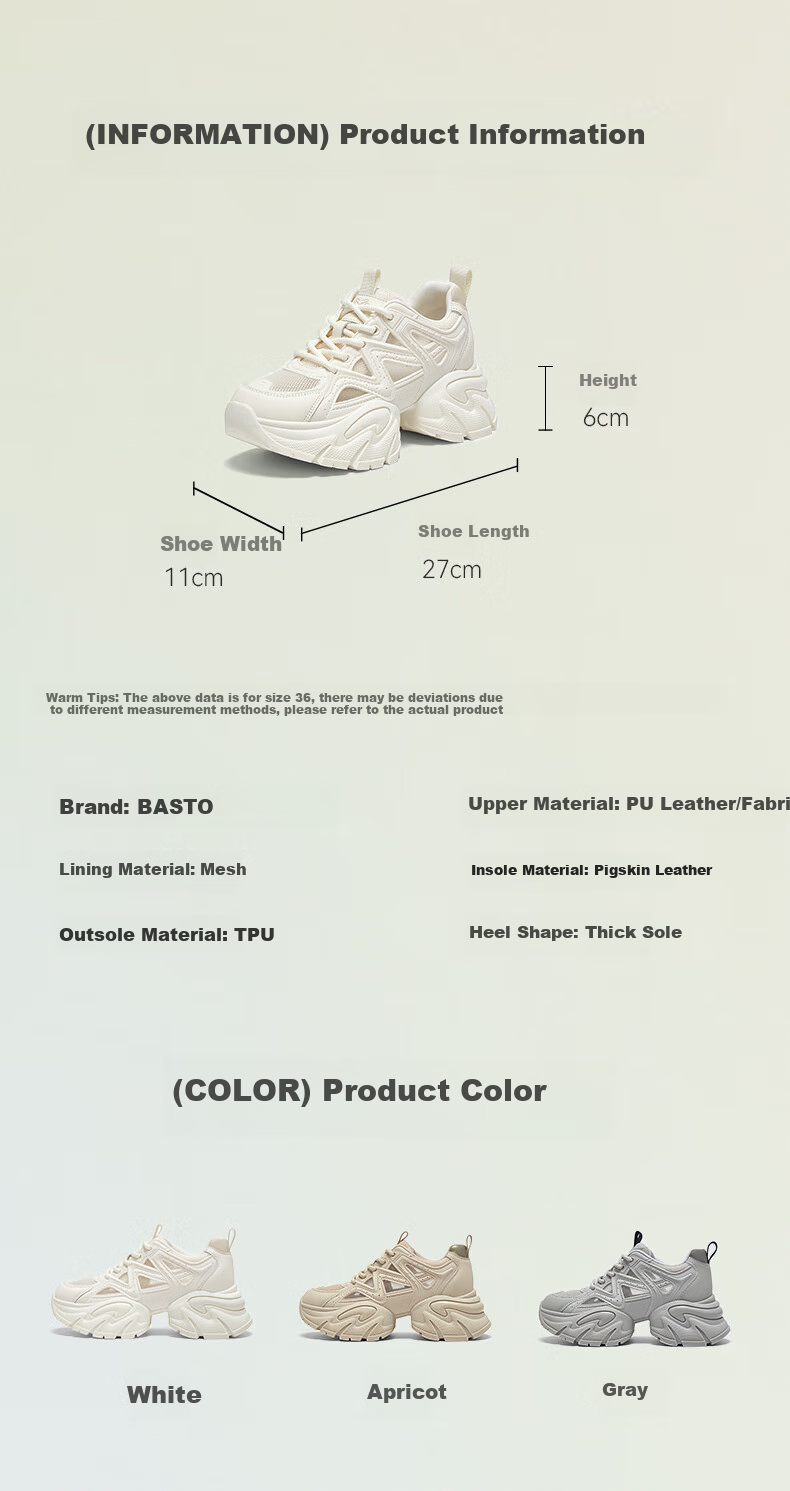 Basto 【Slim Waist】25 Mall Mesh Dad Shoes Thick Sole Women's Casual Shoes B8889BM5 White Size 37 5