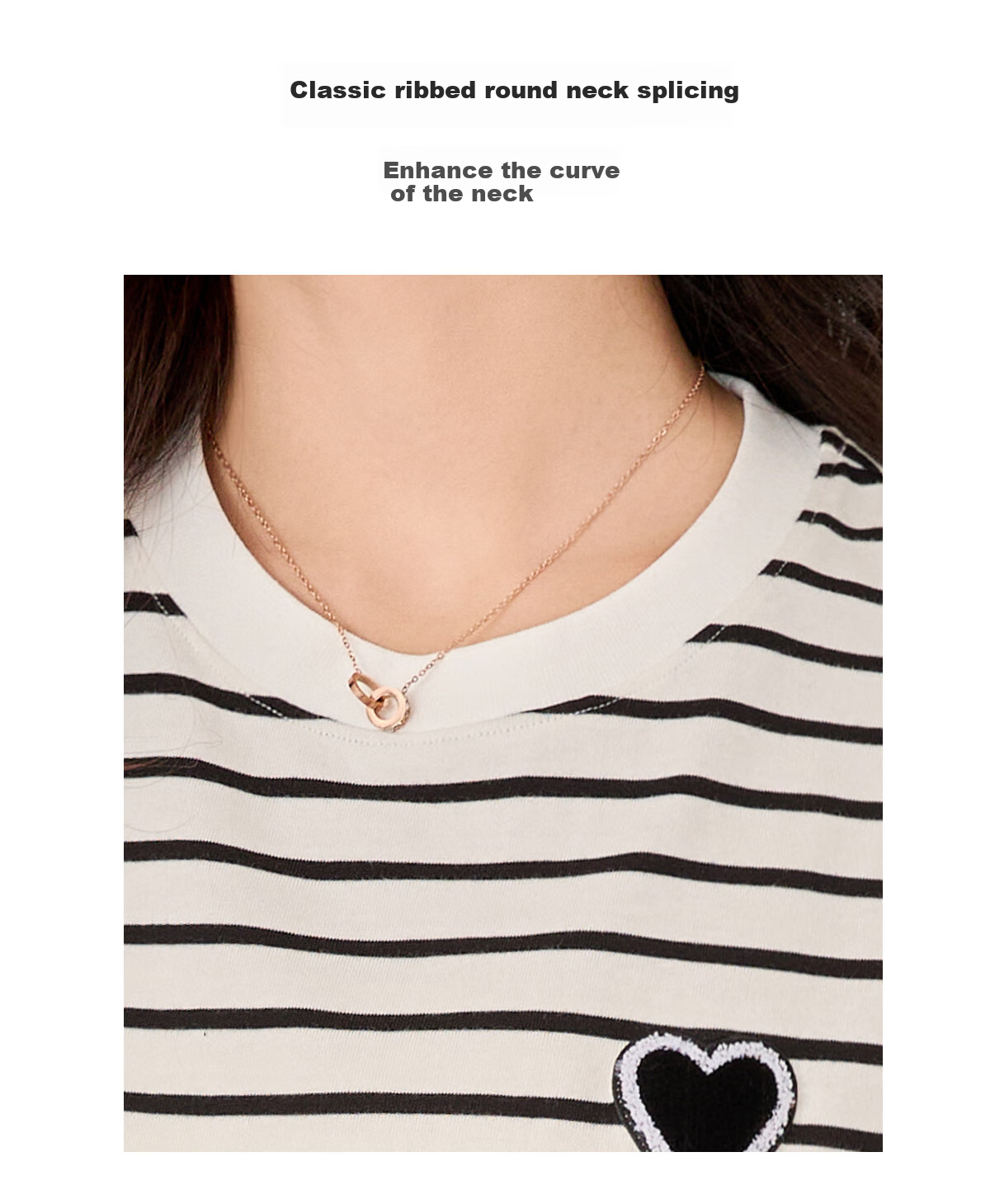 Chushen Summer Short-Sleeve T-Shirt for Women, Fashionable Versatile Round Neck Heart Logo Striped Pure Cotton Half-Sleeve Top S13KT1172 4