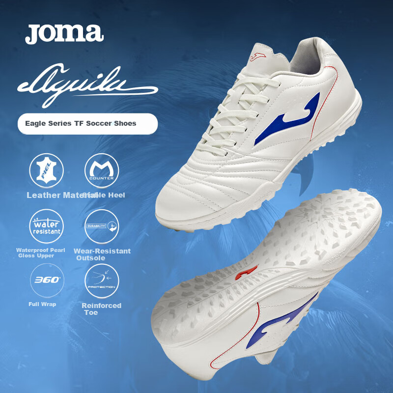 JOMA Kangaroo Leather Soccer Shoes for Men, TF Turf Studs, Adult Youth Student Professional Competition Football Training Shoes, White And Blue, Size 35