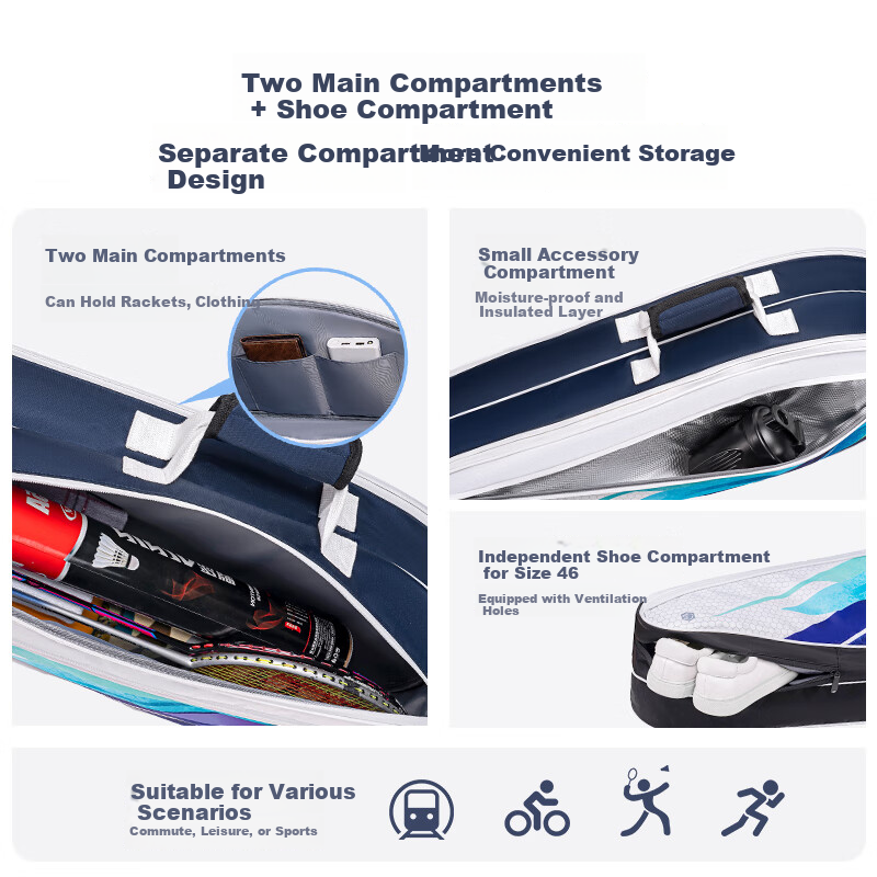 JD Original [Limited Time Special Offer] Badminton Bag Tennis Bag, Large Capacity Multifunctional Handbag Racket Bag for Men And Women, Blue